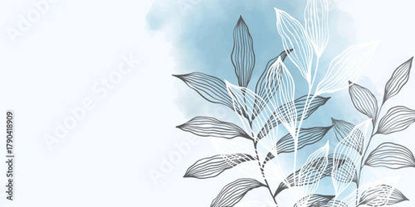 Fototapeta Abstract art background vector. Luxury minimal style wallpaper with Blue Branch and botanical leaves, Organic shapes, Watercolor. Vector background for banner, poster, Web and packaging