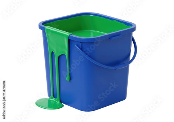 Obraz Isolated blue bucket of green paint spilling down the side of the pail, fresh and new, 3d render