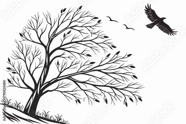 Fototapeta Windswept Tree and Flying Eagle Silhouette Vector - Monochrome Graphic