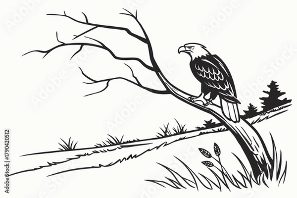 Fototapeta Grandfather and Child Walking on Hill with Tree Silhouette Vector - Blue Duotone Graphic