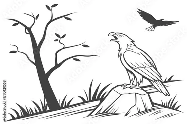 Fototapeta Bare Tree and Hiker Silhouette Vector - Monochrome Graphic