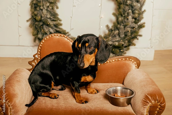 Fototapeta One beautiful black dachshund dog is standing on the floor near an iron bowl. New Year's hundred