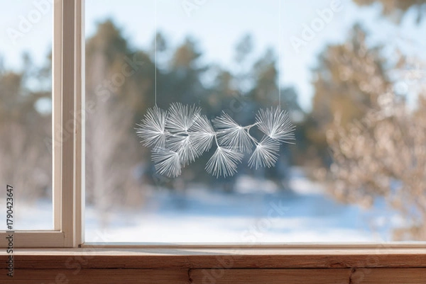 Obraz serene winter morning scene captures clear window adorned with pine branch beautifully framing tranquil snowfall