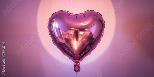Fototapeta Shiny pink heart-shaped balloon floating against soft purple and pink background, romantic whimsical love concept