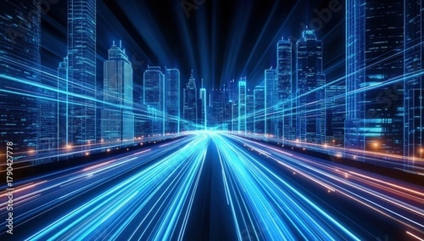 Obraz A futuristic cityscape with glowing blue light trails, depicting high-speed movement and a digital vibe in an urban environment.