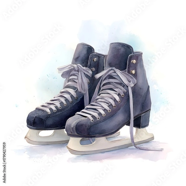 Fototapeta Watercolor illustration of classic black ice skates on soft winter background, vintage skating shoes, winter sport and recreation art
