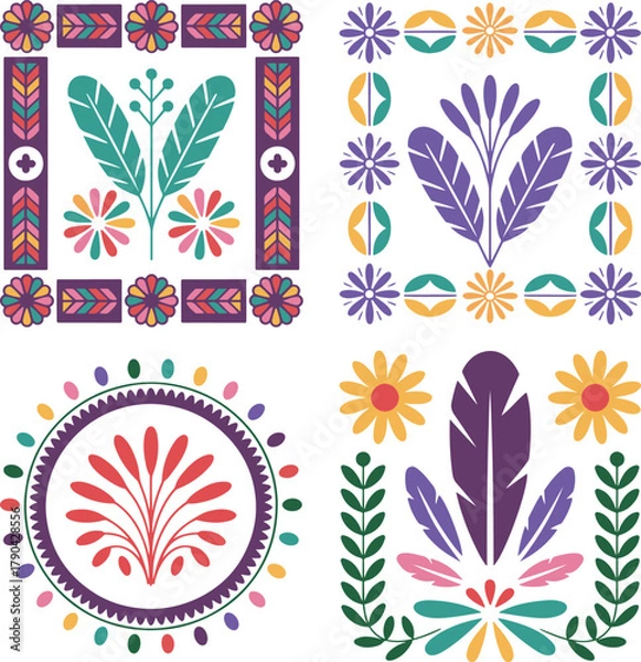 Fototapeta Set of embellished frames with central elements in traditional Peruvian colors. Festival Virgen de la Candelaria. National motif, feathers, floral accents vibrant colors. Cultural vector illustration