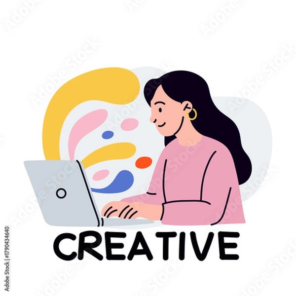 Fototapeta Woman creative work. Designer using laptop, inspiration and motivation in project. New idea and online brainstorming. Programmer or freelancer. Student education. Vector cartoon isolated illustration