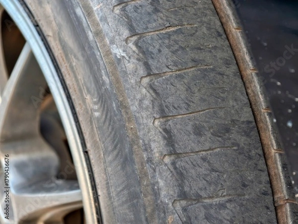 Obraz Close-up of worn-out car tire showing damaged tread and cracks, symbolizing unsafe driving condition, vehicle maintenance, repair and road safety awareness concept.