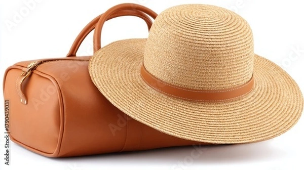 Obraz Travel essentials featuring straw hat and bag for summer adventures isolated on white background