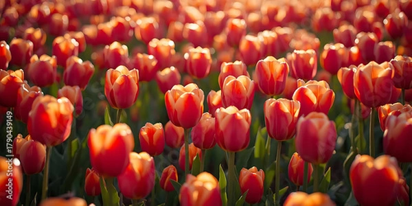 Fototapeta Vibrant red and orange tulip field bathed in soft sunlight creating warm serene natural atmosphere