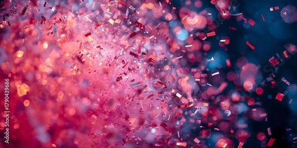 Fototapeta Dynamic pink and blue confetti with bokeh effect creating lively festive atmosphere full of motion