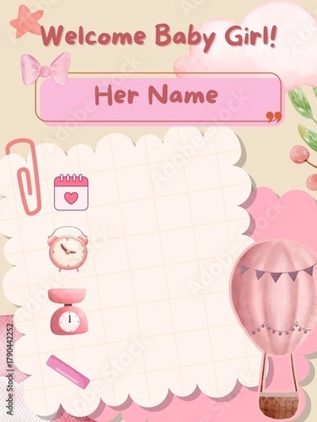 Fototapeta Charming pastel pink baby girl announcement template for celebrating a new arrival, featuring playful illustrations 