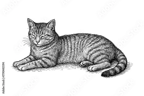 Obraz Domestic tabby cats in standing, sleeping, stalking poses with detailed hand drawn pen sketch style, Transparent Background