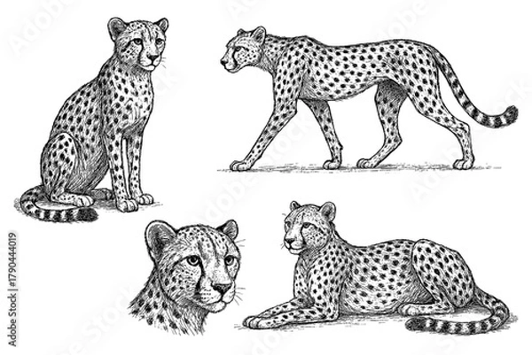 Obraz Cheetah in sitting, standing and walking poses with detailed vintage hand drawn sketch engraving style, Transparent Background