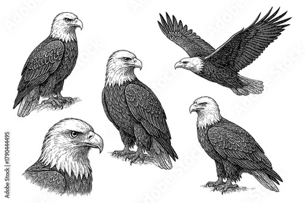 Obraz Bald eagle poses in flight and perched in detailed hand drawn sketch style, Transparent Background