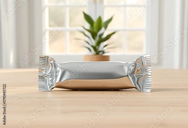 Obraz Blank silver foil snack bar wrapper for food packaging mockup