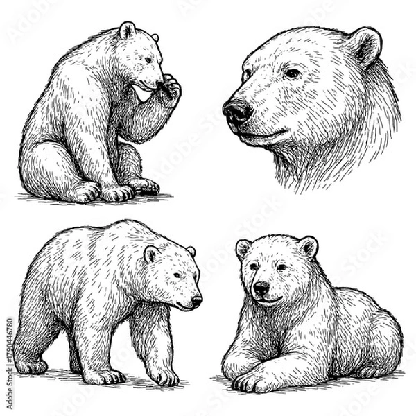 Obraz Polar bears in multiple poses and portrait with detailed vintage hand drawn sketch style, Transparent Background