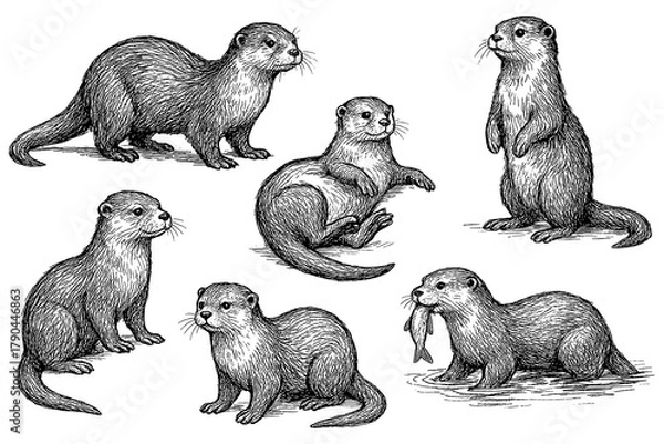 Obraz Otters in hand drawn sketch style, Transparent Background