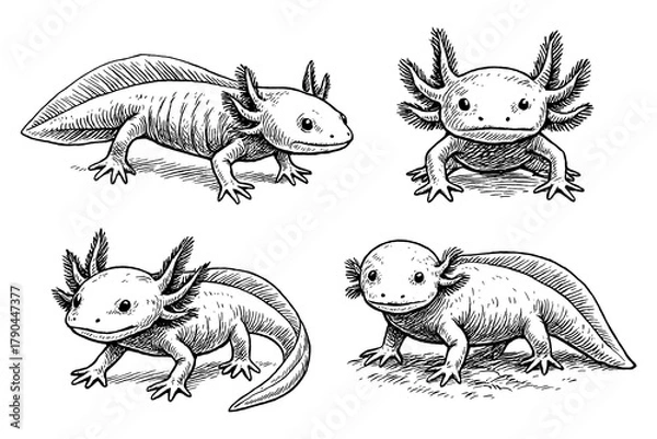 Obraz Axolotl in hand-drawn sketch style with textured shading, Transparent Background