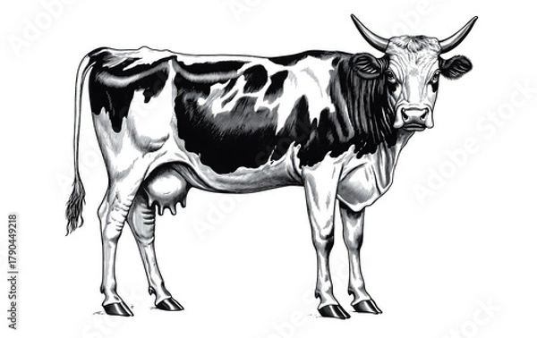 Obraz Cow, bull, farm. Vintage retro print, black white cow sketch ink pencil style drawing, engrave old school. Sketch artwork silhouette farm cow, white background. Side view profile. Illustration