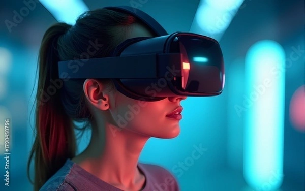Obraz Young beautiful woman in a VR headset. Metaverse concept. Generative AI. High quality