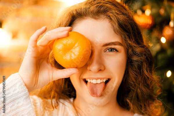 Fototapeta beautiful curly girl in a white sweater with dark hair smiling and holding tangerines. happy new year portrait