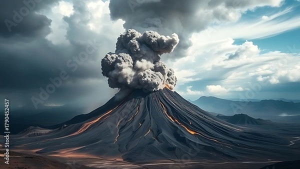 Fototapeta propelled. Volcanic eruption with ash and rocks against dramatic sky, wide landscape, earthy tones. ESG reports.