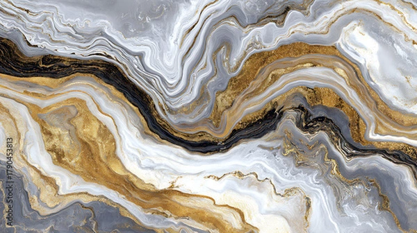 Fototapeta Swirling marble texture with gold and black veins white
