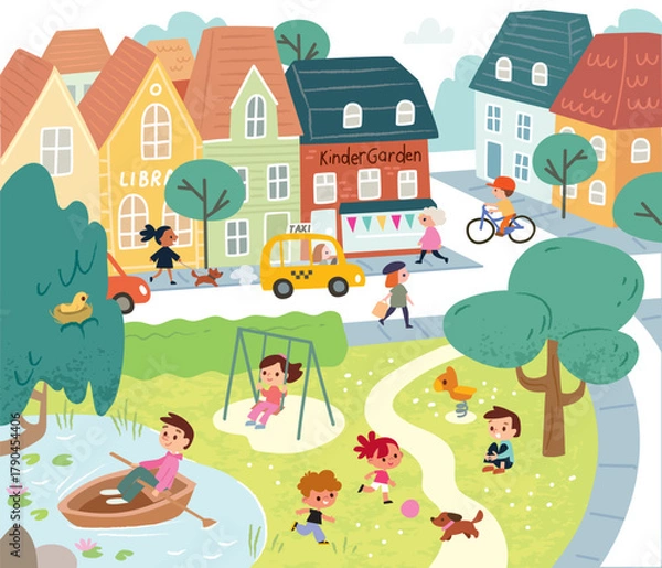 Fototapeta Little small town in childish style with multicolored houses. Cozy street, park with pond. Charming, colorful European town with typical old-style houses. People, children walking playing in the park