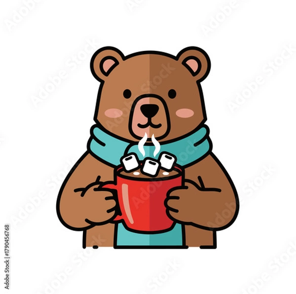 Fototapeta Adorable bear enjoying hot chocolate with marshmallows on a chilly day