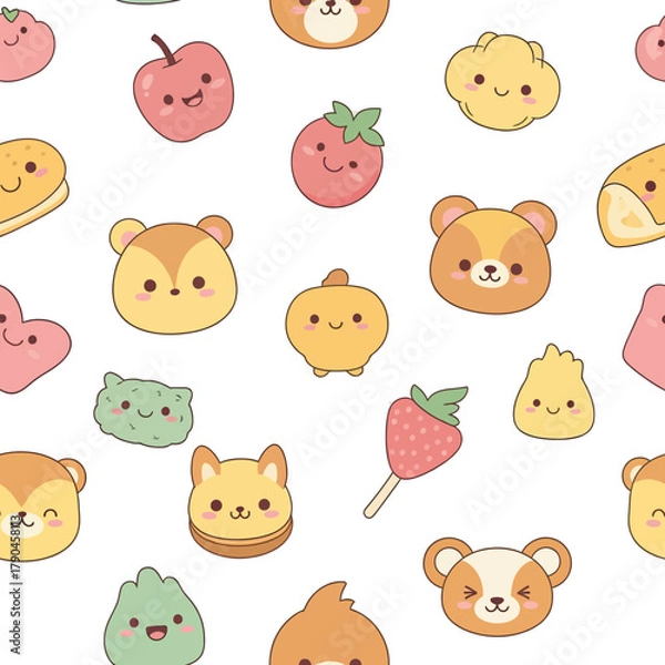 Obraz Adorable kawaii sweets and animal faces pattern background for kids design