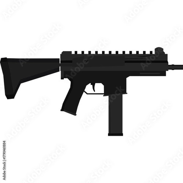 Fototapeta Black Submachine Gun with Folding Stock and Extended Magazine on Transparent Background