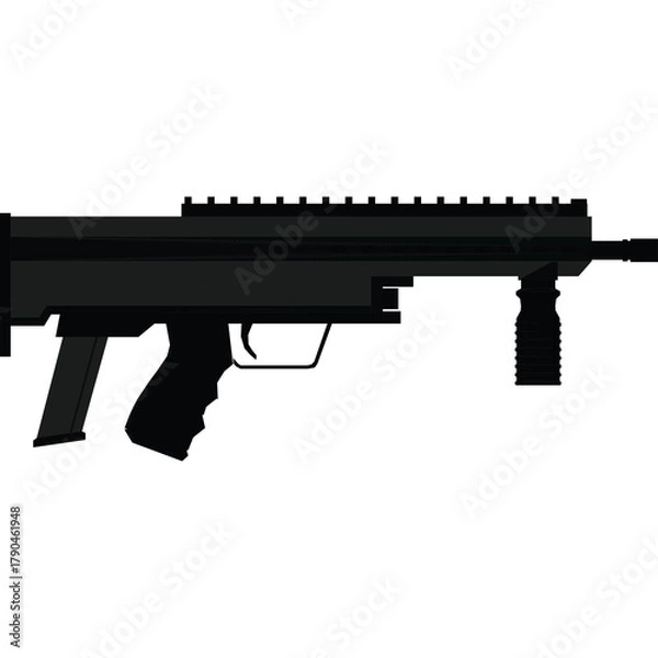 Obraz Black Submachine Gun With Vertical Foregrip and Extended Magazine on Transparent Background