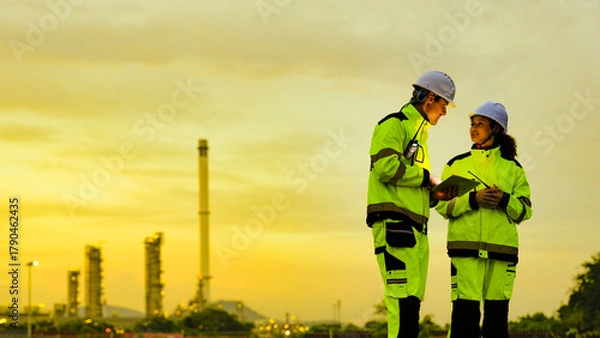 Fototapeta Petrochemical leaders survey their domain, a commanding industrial panorama. This strategic view at sunset embodies foresight, precision, and the intricate global network of energy supply.