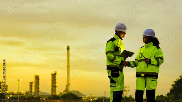 Fototapeta Petrochemical engineers in PPE conduct a site survey at a refinery. They use a tablet for data analysis and operational monitoring during the evening shift.