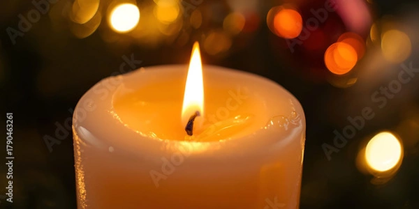 Fototapeta Warm orange candle glowing softly with bright flame against blurred twinkling golden lights cozy ambiance