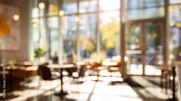 Fototapeta Warm sunlit cafe interior with tables and chairs windows