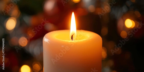 Fototapeta Lit candle with warm glowing flame against blurred colorful lights creating cozy serene festive atmosphere