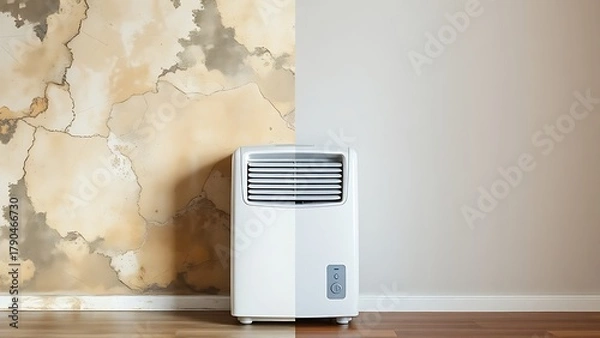 Obraz dehumidifier. A split composition of a dry wall and a moldy surface with a dehumidifier in the center. ESG reports, sustainability campaigns, designed for environmental awareness campaigns.
