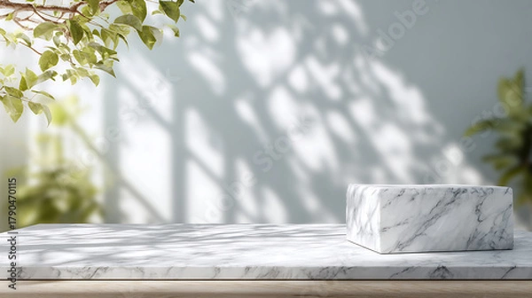 Fototapeta White marble pedestal with green leaves and dappled light product mockup