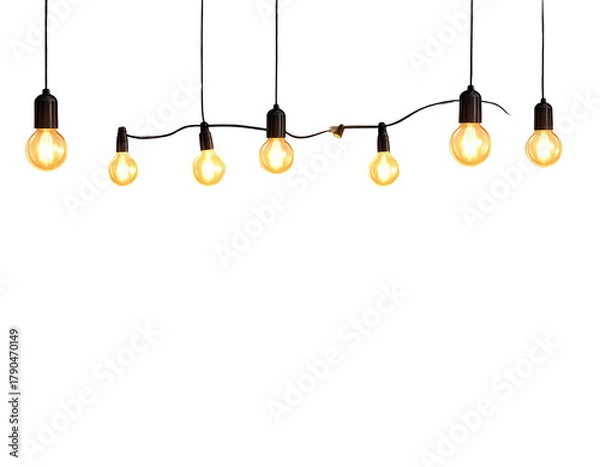 Fototapeta A string of vintage Edison light bulbs hanging against a white background.