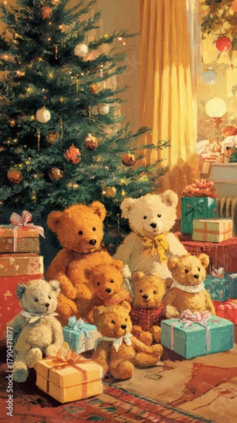 Fototapeta Cute teddy bears sit around a beautifully decorated Christmas tree surrounded by colorful presents