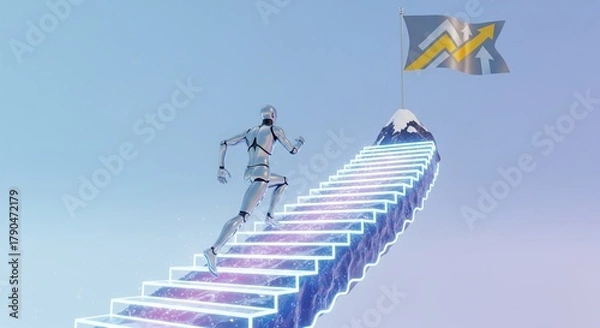 Fototapeta Digital Ascent: A futuristic humanoid robot strides purposefully up illuminated stairs towards a flag, symbolizing goals in the digital realm. A vision of innovation and the power of technology.