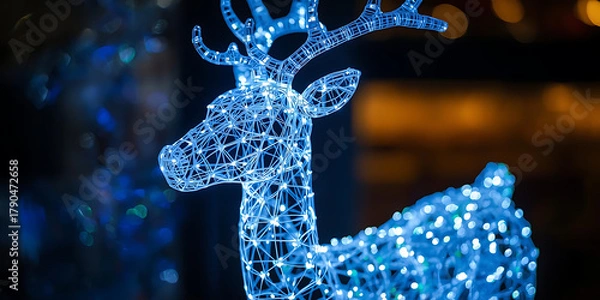 Fototapeta Glowing reindeer sculpture made of intricate blue lights on dark background evoking festive magic
