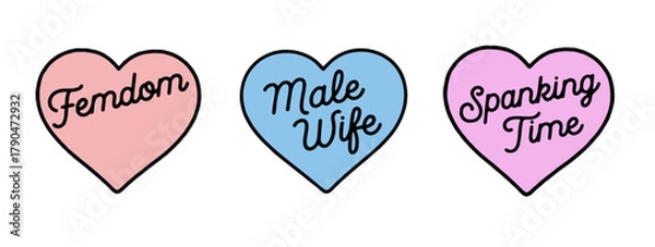 Fototapeta vector illustration in a sticker-style features bold lines, rounded shapes, and pastel colors like pink, purple, and white. The playful theme highlights femdom, BDSM, and relationship dynamics.