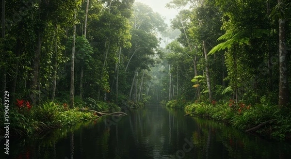Fototapeta Towering trees and thick undergrowth fill a misty tropical rainforest as sunlight filters through the canopy in a ground-level view. Suitable as a serene looping backdrop for nature or adventure theme