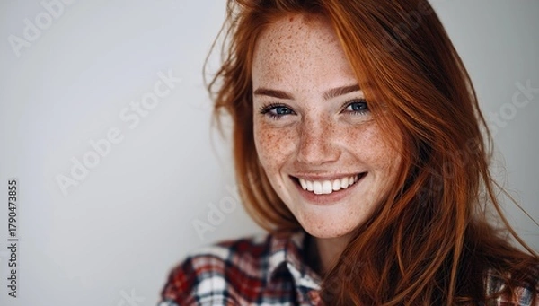 Obraz Smiling redhead woman with freckles in plaid shirt on white background