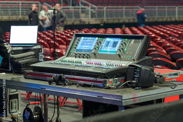 Fototapeta Sound and lighting engineers equipment set up in a concert venue before the show, ready for managing audio and visual effects during the performance