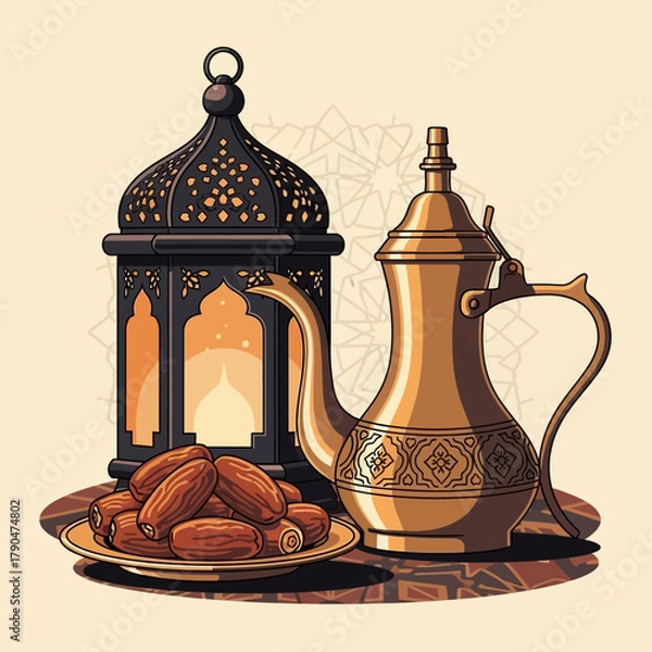 Obraz Vector Illustration of Traditional Arabic Teapot and Lantern with Dates in Modern Vintage Style